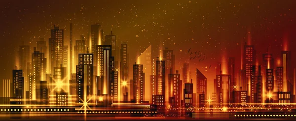 Night city illustration with neon glow and vivid colors. illustration with architecture, skyscrapers, megapolis, buildings, downtown.