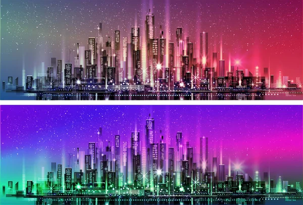 夜城图上有霓虹灯的光芒和生动的色彩 摩天大楼 大都市 建筑物 商业区的图解 — 图库矢量图片