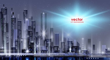 Neon ışıklı ve canlı renklerle gece şehri illüstrasyonu. Mimari, gökdelenler, megapolis, binalar, şehir merkezi.
