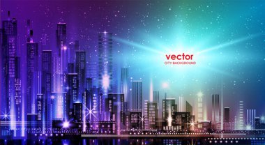 Neon ışıklı ve canlı renklerle gece şehri illüstrasyonu. Mimari, gökdelenler, megapolis, binalar, şehir merkezi.