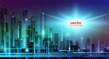 Neon ışıklı ve canlı renklerle gece şehri illüstrasyonu. Mimari, gökdelenler, megapolis, binalar, şehir merkezi.