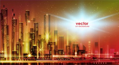 Neon ışıklı ve canlı renklerle gece şehri illüstrasyonu. Mimari, gökdelenler, megapolis, binalar, şehir merkezi.