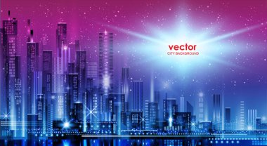 Neon ışıklı ve canlı renklerle gece şehri illüstrasyonu. Mimari, gökdelenler, megapolis, binalar, şehir merkezi.