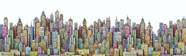 Skyline Met Hand Getekend Illustratie Met Architectuur Wolkenkrabbers Megapolis Gebouwen — Stockfoto