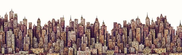 Skyline Met Hand Getekend Illustratie Met Architectuur Wolkenkrabbers Megapolis Gebouwen — Stockfoto