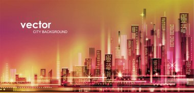 Neon ışıklı ve canlı renklerle gece şehri illüstrasyonu. Mimari, gökdelenler, megapolis, binalar, şehir merkezi.