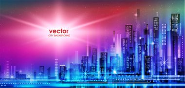 Neon ışıklı ve canlı renklerle gece şehri illüstrasyonu. Mimari, gökdelenler, megapolis, binalar, şehir merkezi.