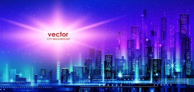 Neon ışıklı ve canlı renklerle gece şehri illüstrasyonu. Mimari, gökdelenler, megapolis, binalar, şehir merkezi.