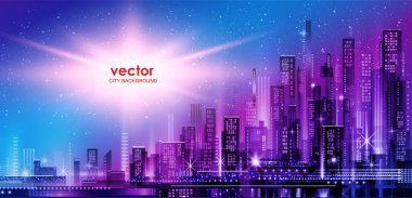 Neon ışıklı ve canlı renklerle gece şehri illüstrasyonu. Mimari, gökdelenler, megapolis, binalar, şehir merkezi.