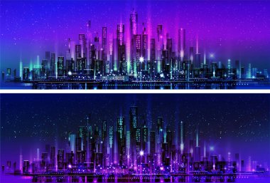 Neon ışıklı ve canlı renklerle gece şehri illüstrasyonu. Mimari, gökdelenler, megapolis, binalar, şehir merkezi.