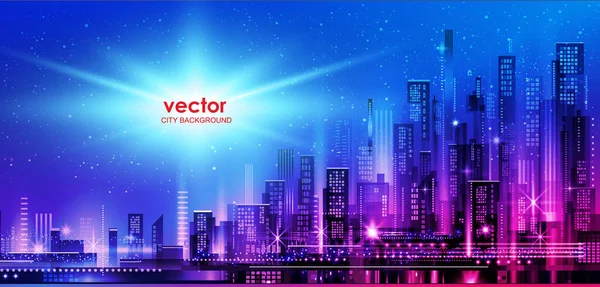Noční Ilustrace Města Neonovou Září Živými Barvami Ilustrace Architekturou Mrakodrapy — Stockový vektor