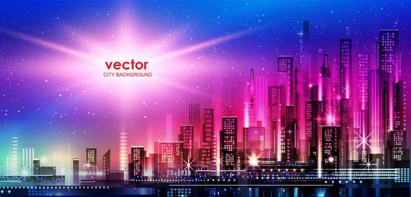 Éjszakai Városi Illusztráció Neon Ragyogás Élénk Színek Illusztráció Építészet Felhőkarcolók — Stock Vector