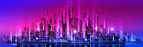 Noční Panorama Města Neonovou Září Ilustrace Architekturou Mrakodrapy Megapolis Budovy — Stockový vektor