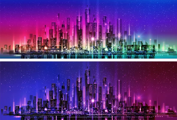 Nacht Stadt Illustration Mit Neon Schein Und Lebendigen Farben Illustration — Stockvektor