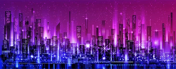 Nachtsilhouette Der Stadt Mit Neon Schein Illustration Mit Architektur Wolkenkratzer — Stockvektor