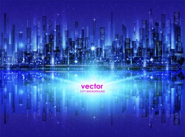 Neon parıltılı gece şehri silueti. Mimari, gökdelenler, megapolis, binalar, şehir merkezi.