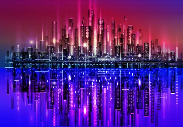 Langit Kota Malam Dengan Cahaya Neon Ilustrasi Dengan Arsitektur Pencakar - Stok Vektor