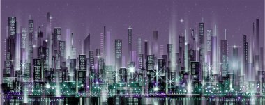 Kentsel vektör şehri geceleri. Skyline şehir siluetleri. Şehir arka planı mimari, gökdelenler, megapolis, binalar, şehir merkezi.