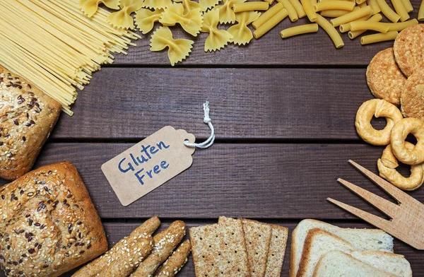 A gluténmentes élelmiszerek fa háttér — Stock Fotó