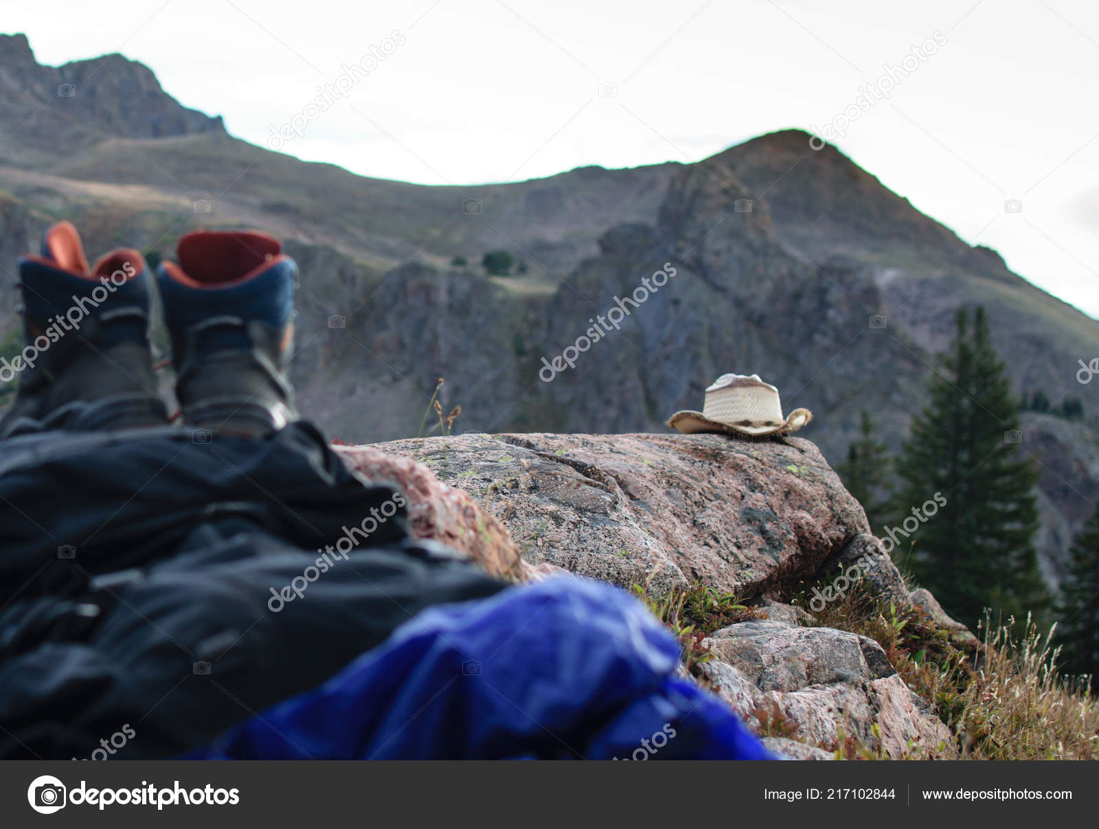 Hiking Gear Arranged Mountain Range Background Hiking Boots