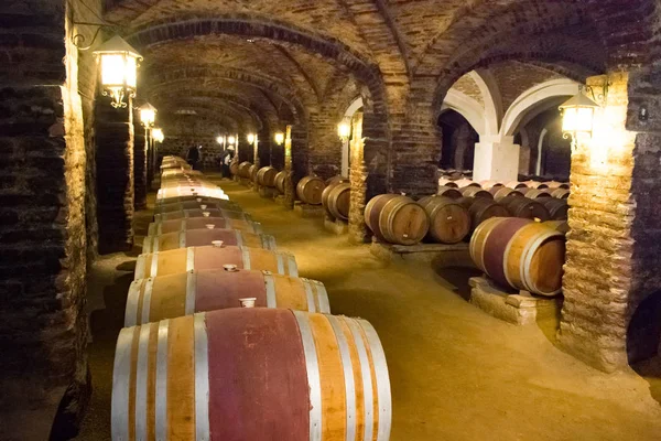 Underjordisk vinkällare med rader av fat för lagring av vin — Stockfoto