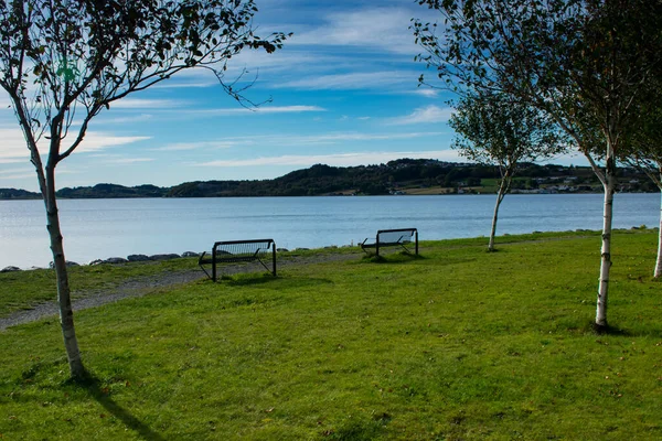 Picturesque European Lake Park Benches Stavanger Norway — 스톡 사진