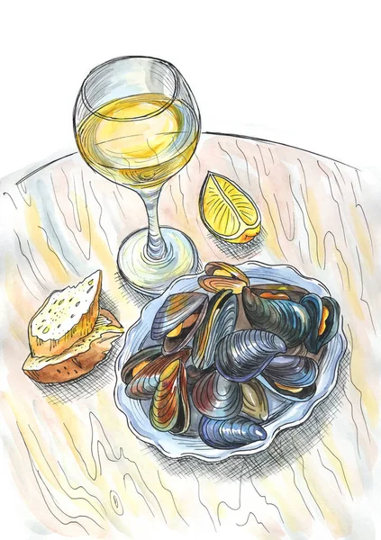 A glass of white wine, mussels in a plate and bread, a sketch, a watercolor sketch of dinner.