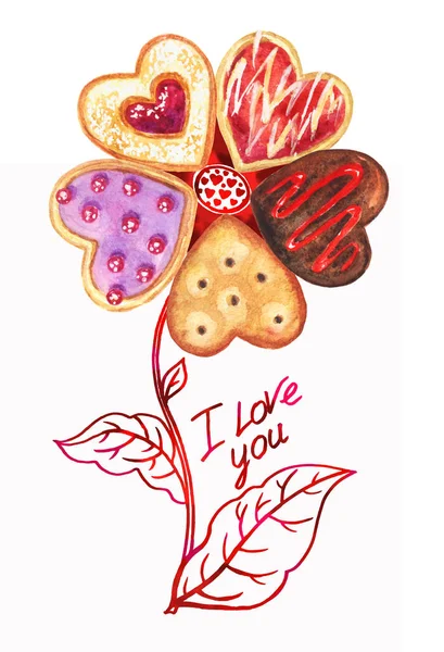 Blomma Från Hjärtan Cookies Akvarell Teckning Vykort Till Dagen För — Stockfoto