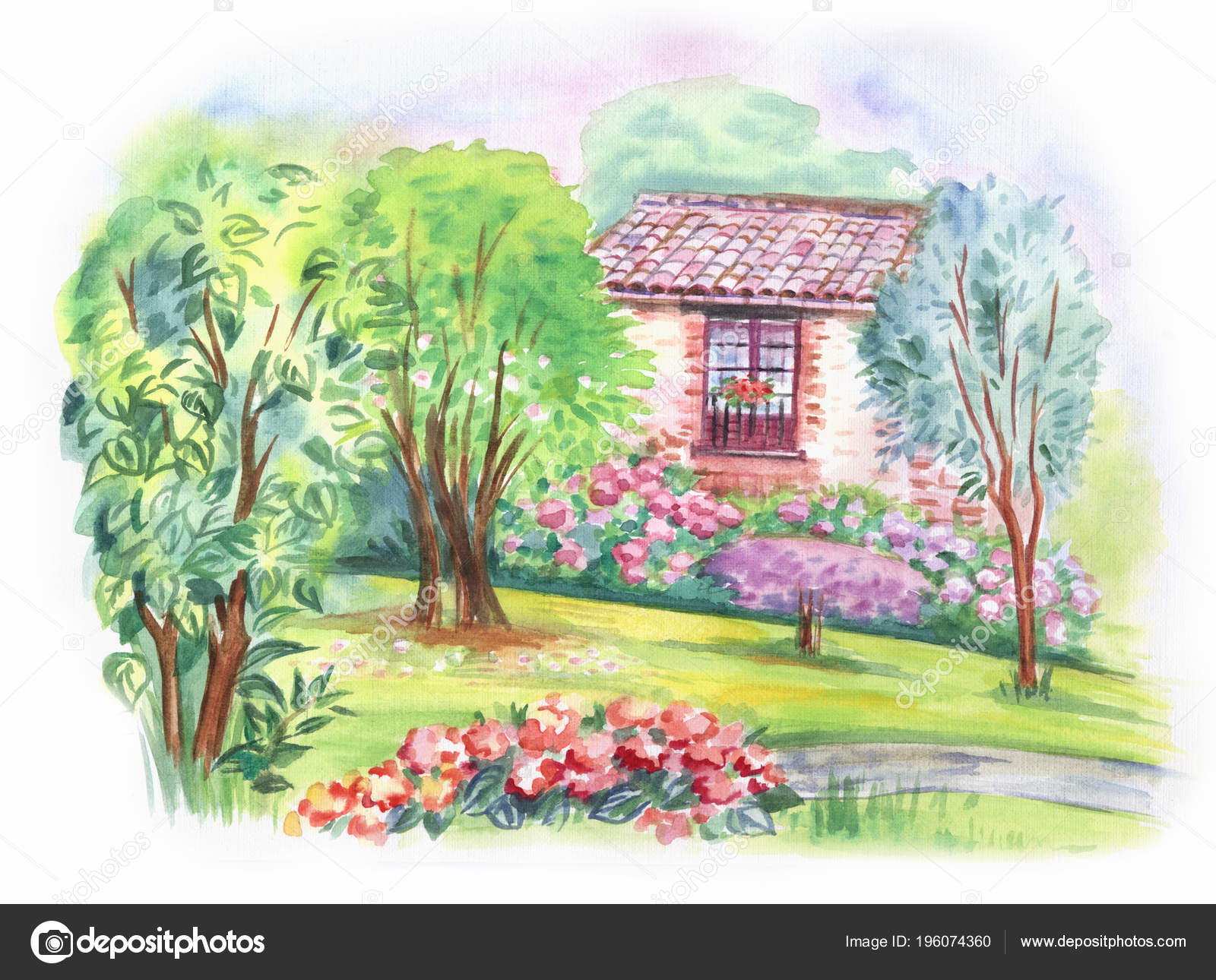 Fen tre Dans Jardin  Fleuri  Paysage Aquarelle image libre 