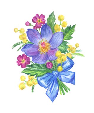 Buket bahar çiçek: rüya-çimen, çuha çiçeği ve bir yay, izole bir beyaz arka plan üzerinde çizim suluboya ile Mimoza.