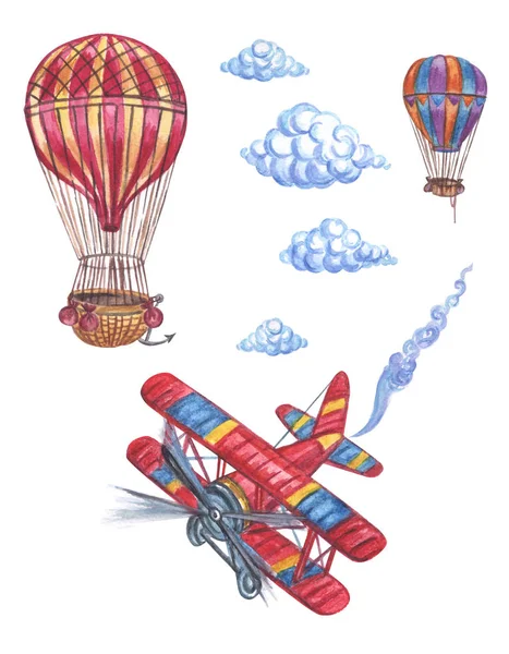 Uppsättning Flygplan Ballonger Och Flygplan Akvarell Ritning Vit Bakgrund Isolerade — Stockfoto