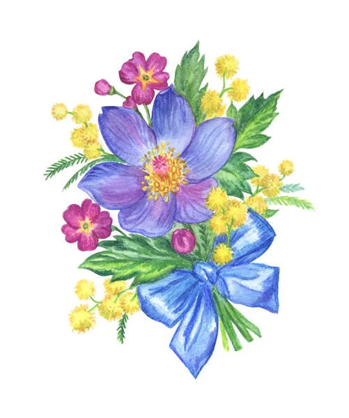 Buket bahar çiçek: rüya-çimen, çuha çiçeği ve bir yay, izole bir beyaz arka plan üzerinde çizim suluboya ile Mimoza.