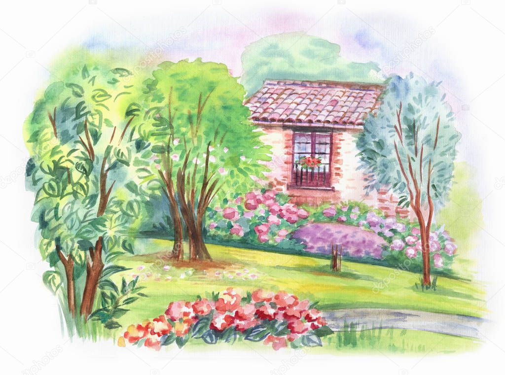 Window in the blooming garden, watercolor landscape.