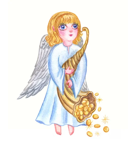 Angel with a horn of plenty, watercolor painting on white background.