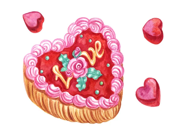 Gâteau Marmelade Forme Coeur Aquarelle Pour Saint Valentin — Photo