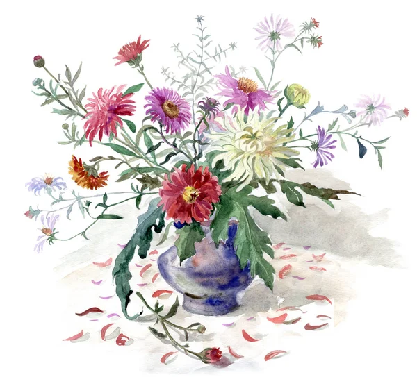静物水彩画花瓶に菊の花束 — ストック写真