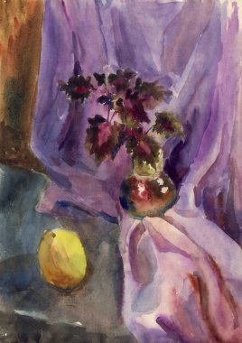 Natürmort suluboya ile limon, perdelik ve bitki empresyonist bir şekilde.