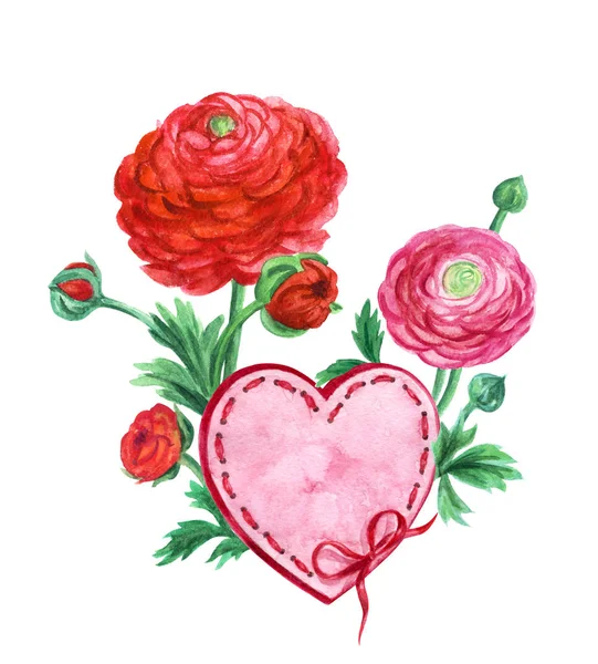 Λουλούδια Της Ranunculus Και Ετικέτα Μορφή Της Καρδιάς Ακουαρέλα Ζωγραφική — Φωτογραφία Αρχείου