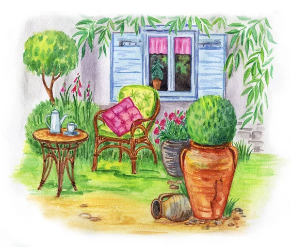 Breakfast in the garden, watercolor landscape with a house, window, garden furniture and plants.