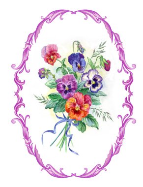 Hercai menekşe beyaz bir arka plan üzerinde çizim suluboya Barok çerçevesindeki bir buket.