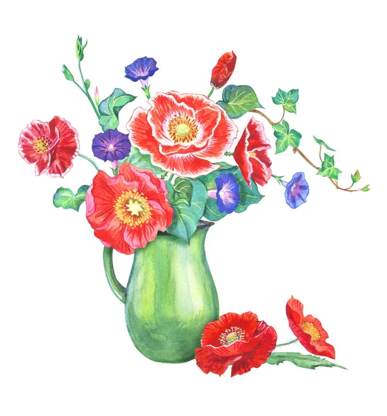Bouquet of poppies and bindweed, watercolor drawing on white background.