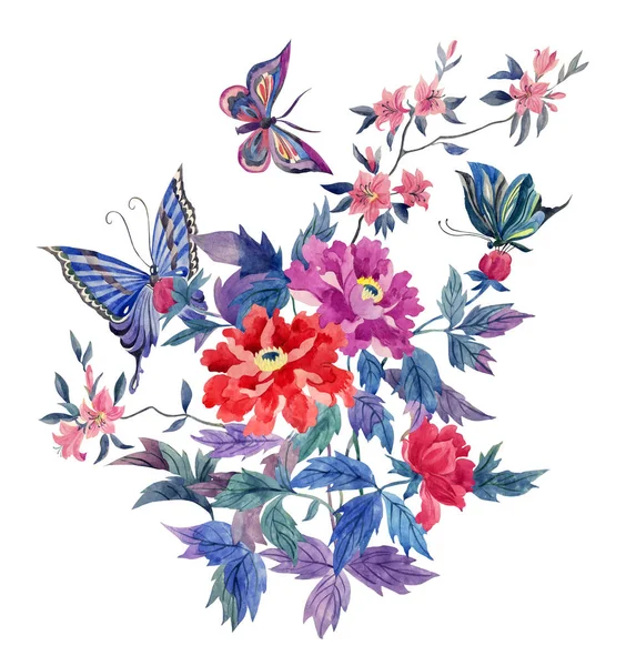 Pioenrozen Vlinders Decoratieve Aquarel Schilderen Oosterse Stijl — Stockfoto
