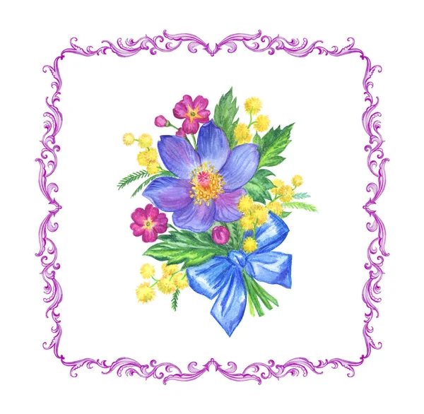 Boeket Van Lentebloemen Een Barok Frame Aquarel Illustratie Geïsoleerd Met — Stockfoto