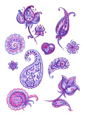 Desenli desenleri kümesi izole beyaz zemin üzerine suluboya desen.