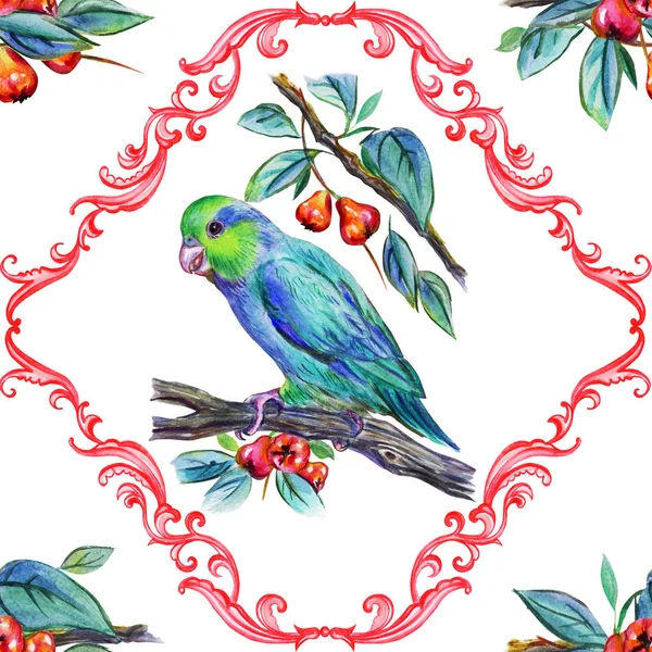 Seamless Watercolor Pattern Green Parrots Exotic Fruits Baroque Ornaments — Stock Photo, Image