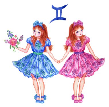 İki kız güzel elbiseler elele, suluboya el çizimi. Burcu İkizler, kızın Astroloji.