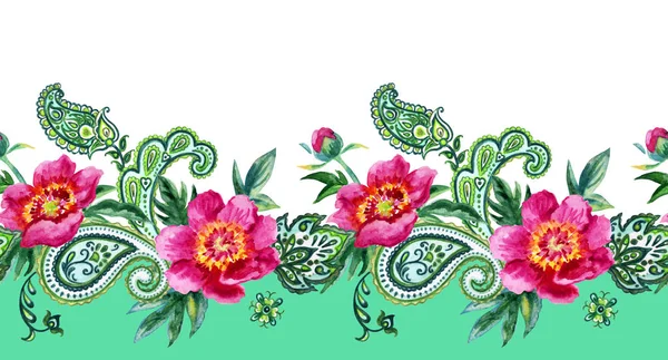 Borda Sem Costura Peônias Rosa Paisley Desenho Mão Aquarela — Fotografia de Stock