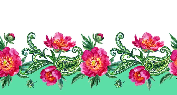 Borda Sem Costura Peônias Rosa Paisley Desenho Mão Aquarela — Fotografia de Stock