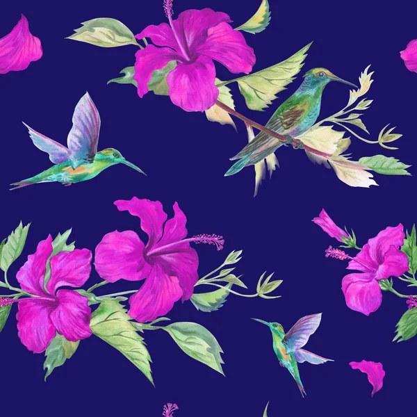 Seamless Watercolor Pattern Hummingbirds Hibiscus — Stock Photo, Image