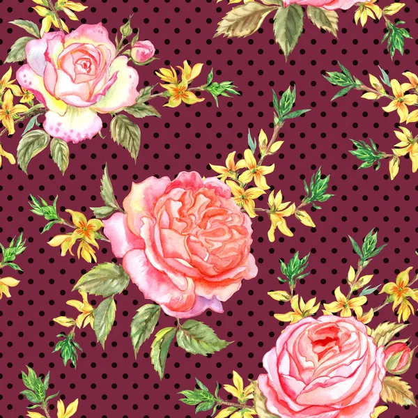 水彩背景下的连翘粉红色玫瑰和小枝的无缝图案 — 图库照片